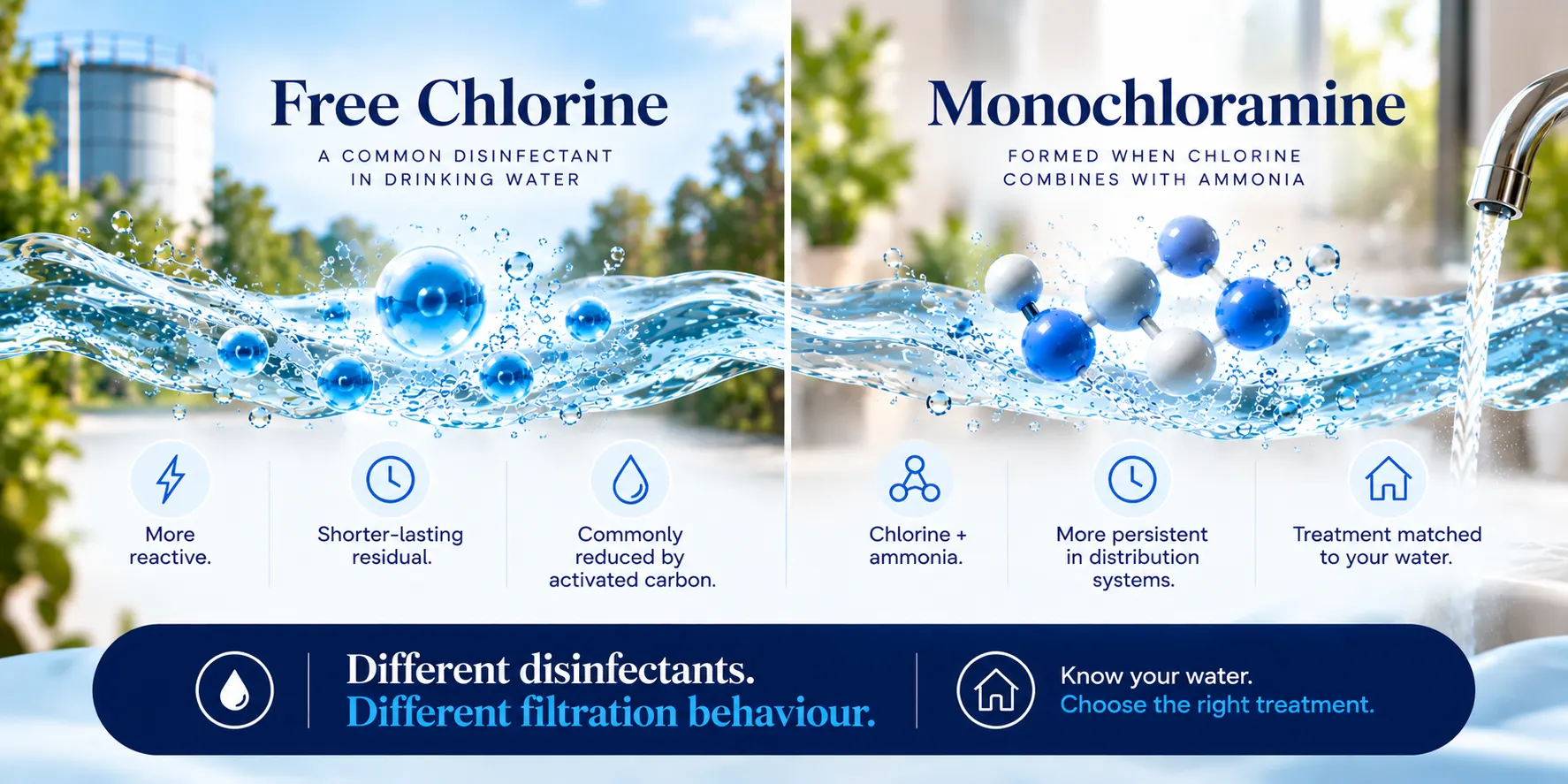 Diagram comparing free chlorine with monochloramine, formed when chlorine combines with ammonia