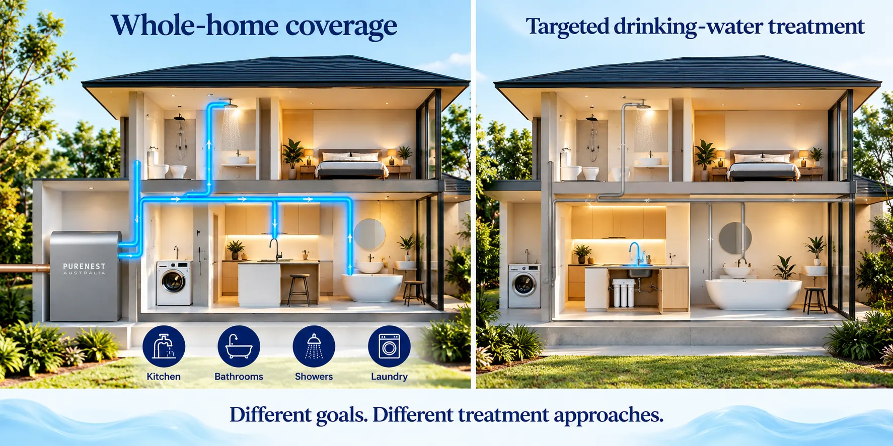 Diagram comparing whole-home point-of-entry filtration with under-sink point-of-use filtration